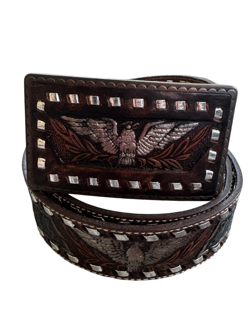 Fossil Dark Brown Tooled Leather Belt with Silver Accents